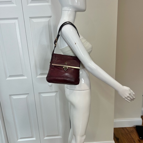 Vintage 60s 70s Leather Handbag AIGNER Handmade Shoulder Bag Maroon Purse - Picture 16 of 16